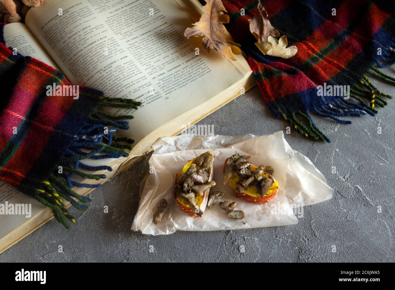 Funghi di bosco agarici di miele (Armillaria mellea). Composizione autunno ancora vita. Funghi fritti dorati sul pane con libro di cucina su tavola scura. FL Foto Stock