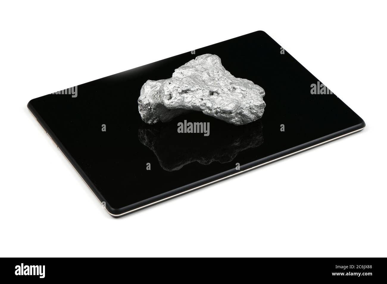 Pappagallo argento su tablet pc isolato su sfondo bianco. Foto ad alta risoluzione. Profondità di campo completa. Foto Stock