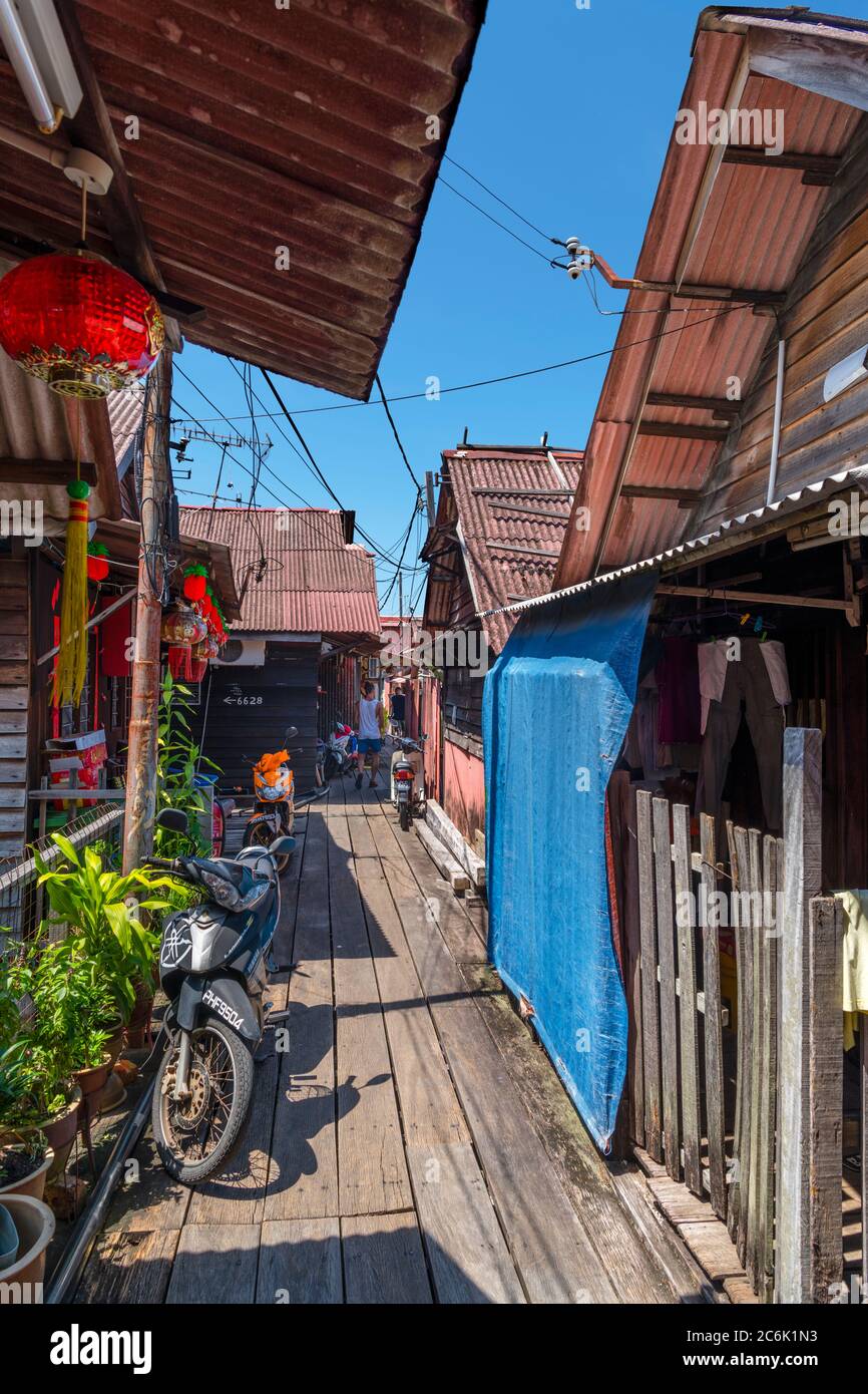 Shacks on Chew Jetty, uno dei Chinese Clan Jetties, Weld Quay, George Town, Penang, Malesia Foto Stock