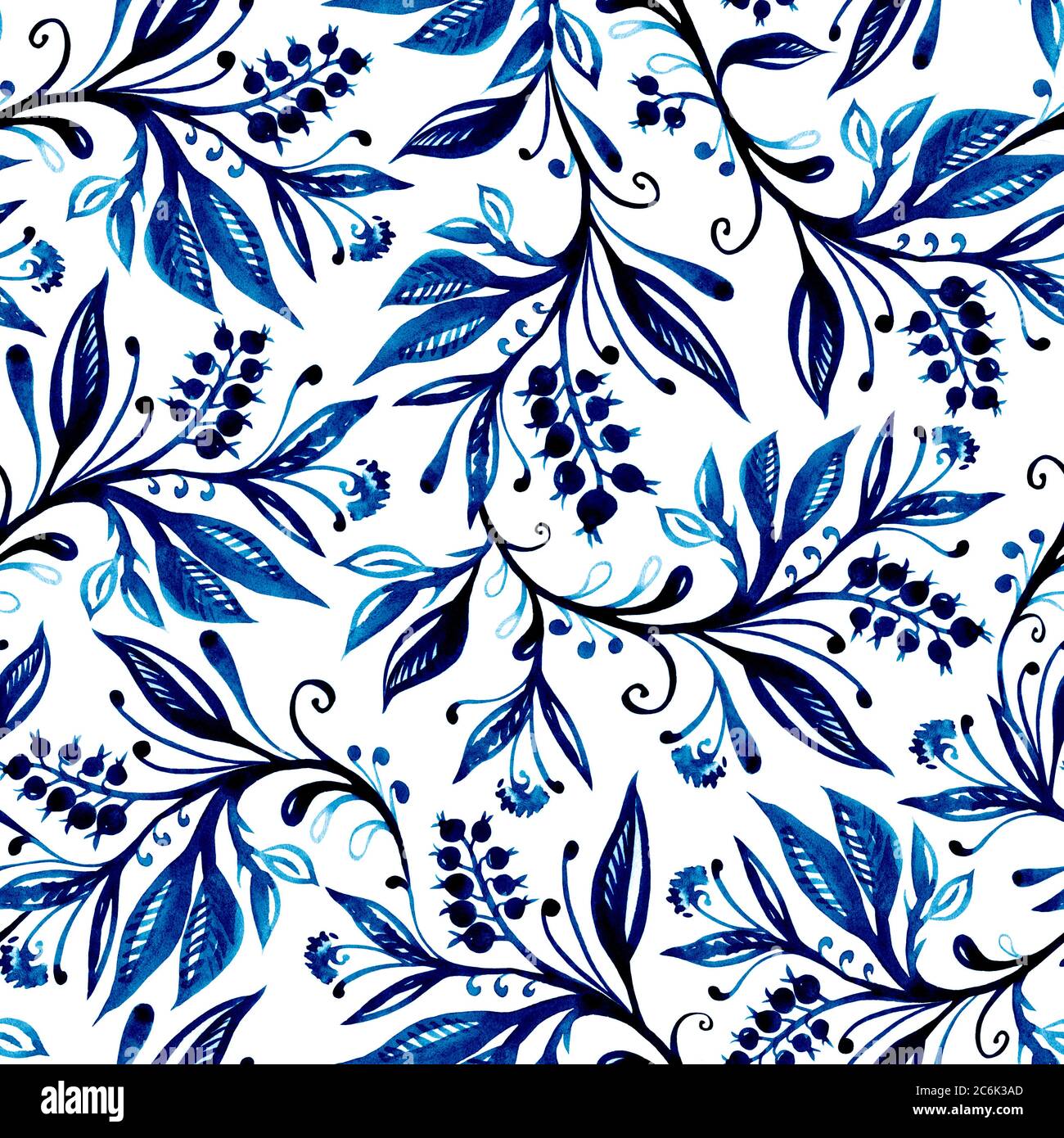 Motivo senza cuciture con colori blu su sfondo bianco, foglie e bacche. Disegno a mano e digitalizzato. Design per carta da parati, textil Foto Stock