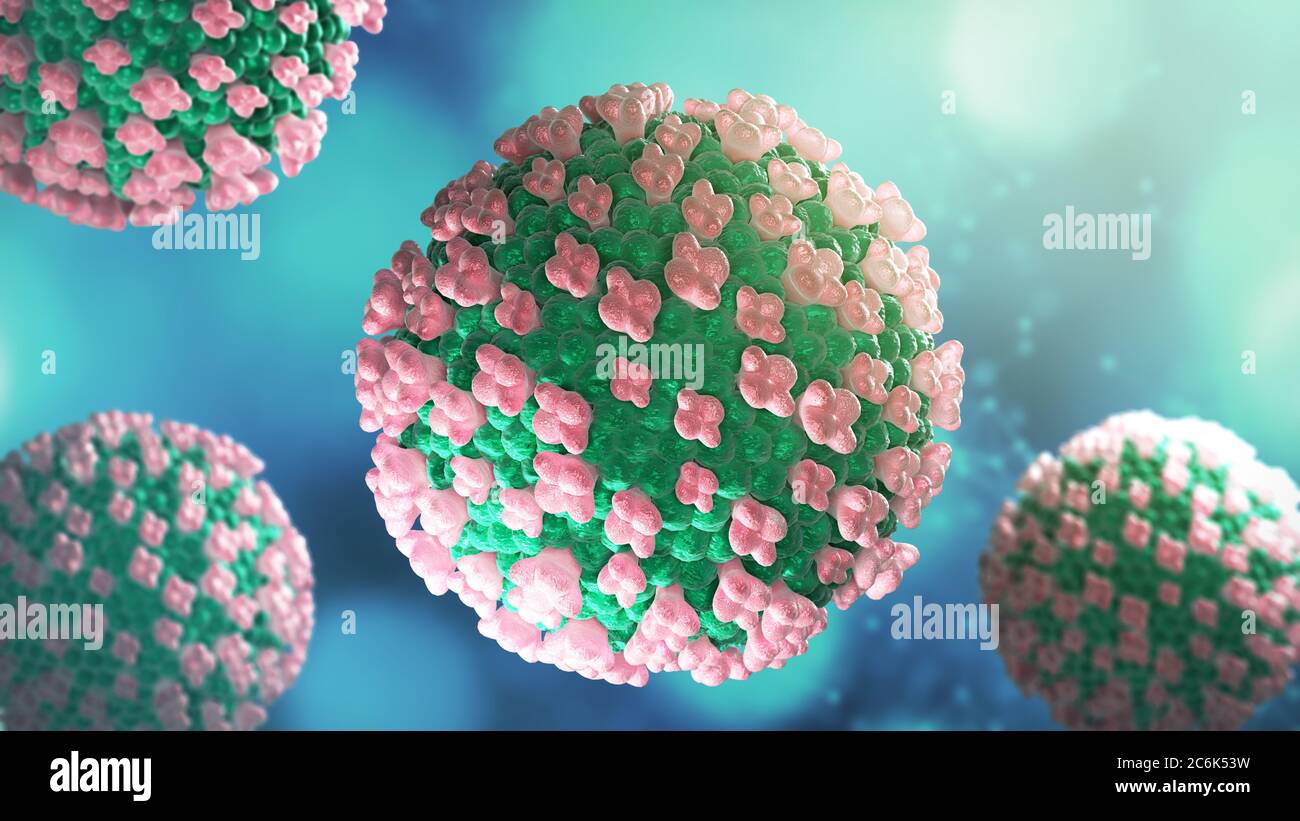 Vista microscopica del coronavirus cellule del virus influenzali fluttuanti 3d sfondo di rendering Foto Stock