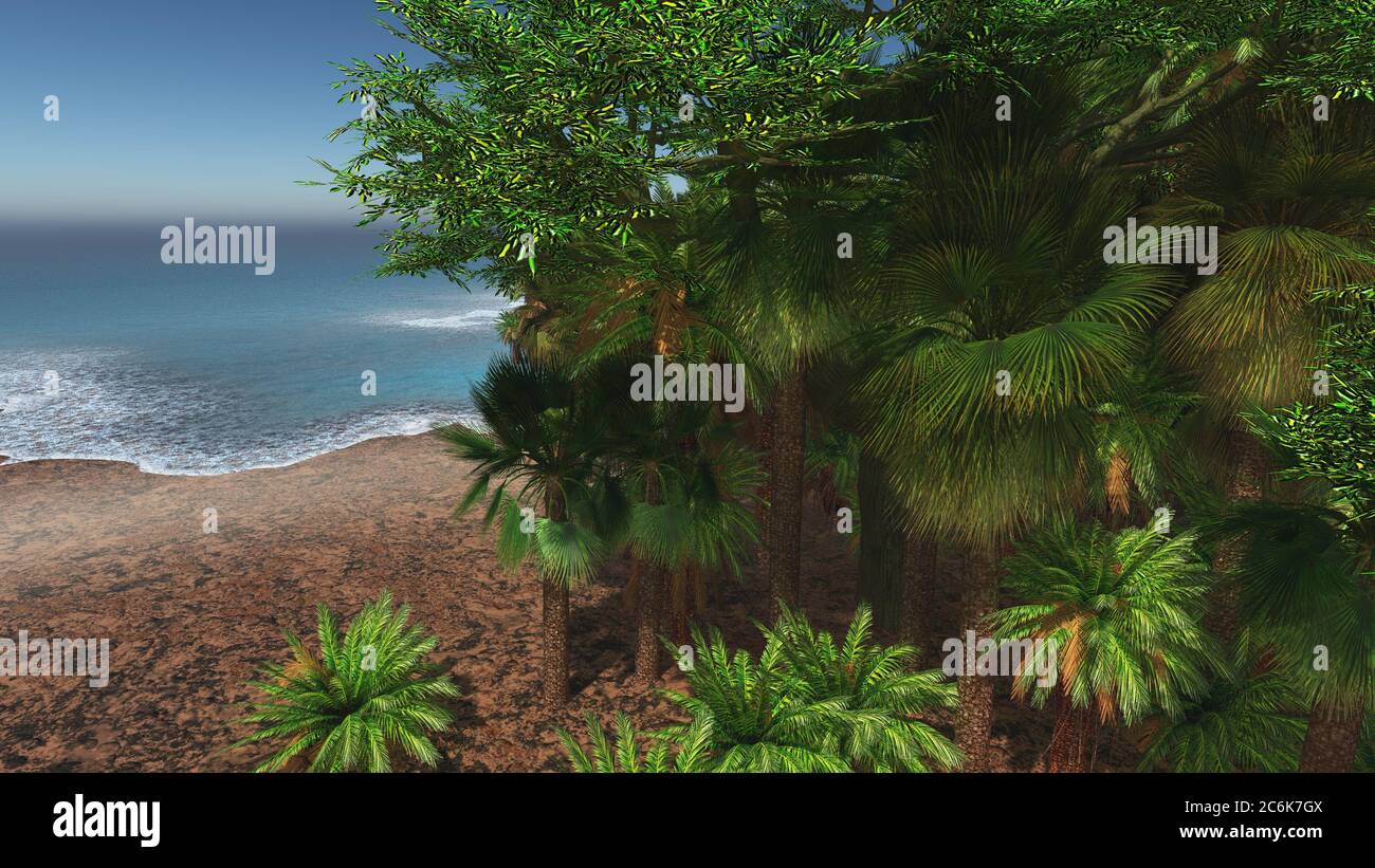 Palme sulla spiaggia tropicale il rendering 3D Foto Stock