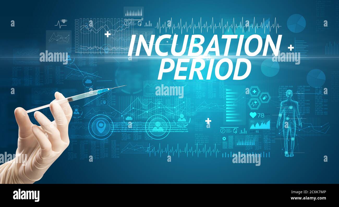 Ago siringa con vaccino virale e iscrizione DEL PERIODO DI INCUBAZIONE, concetto antidoto Foto Stock