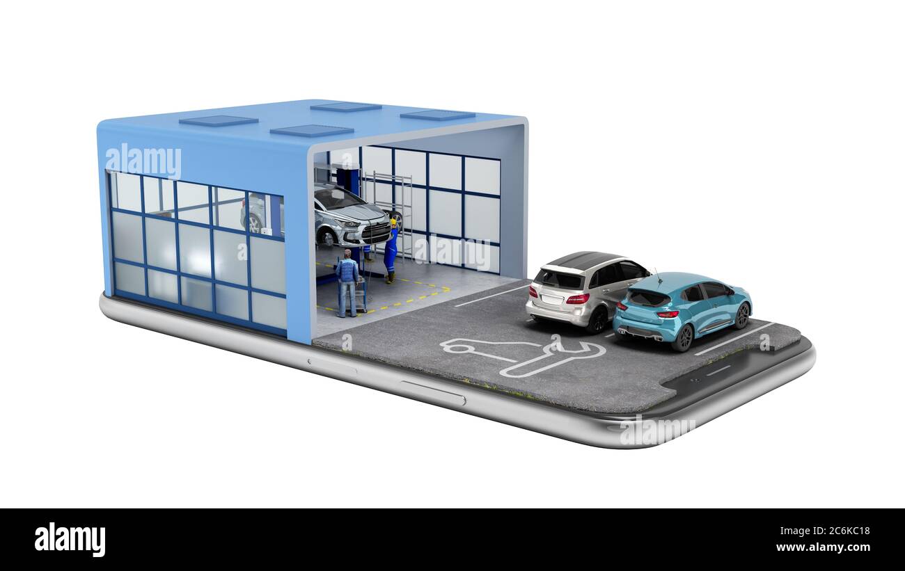 concetto di stazione di servizio di auto mobile e parcheggio sullo schermo del telefono cellulare 3d rendering su bianco senza ombra Foto Stock