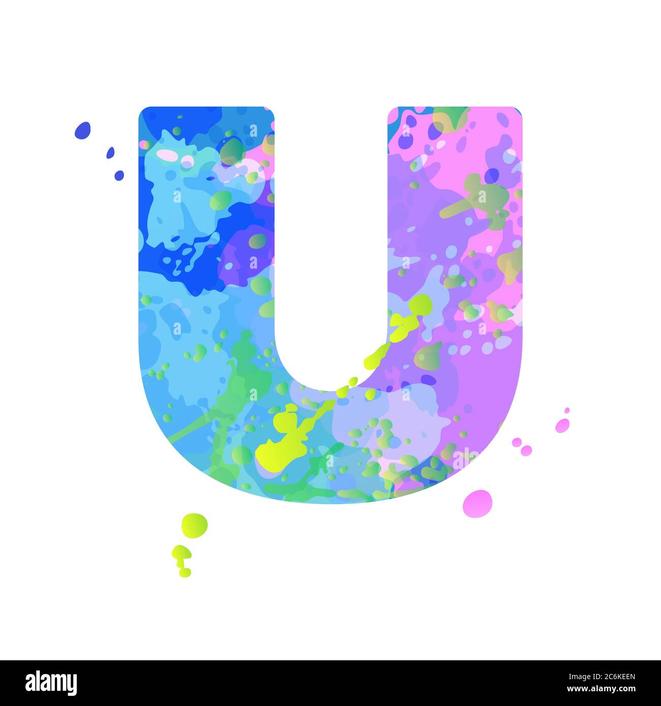 Lettera U in grassetto con effetto di macchie liquide di vernice nei colori blu, verde, rosa Illustrazione Vettoriale
