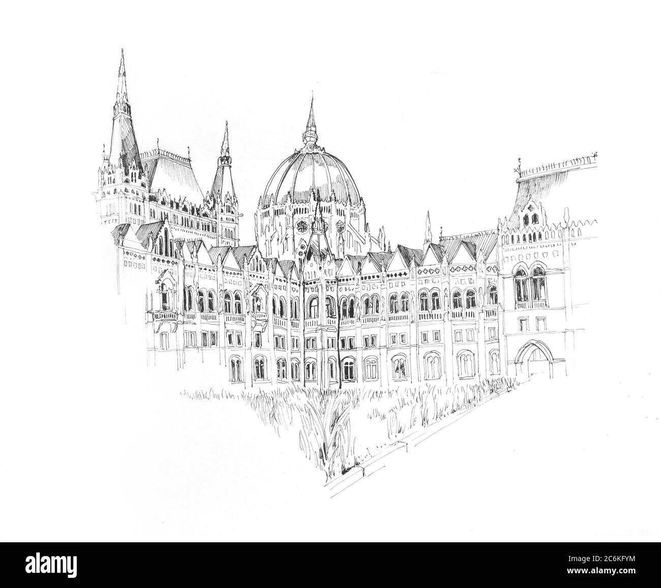 Schizzo a inchiostro disegnato a mano dell'edificio del Parlamento di Budapest, illustrazione del contorno su sfondo bianco Foto Stock