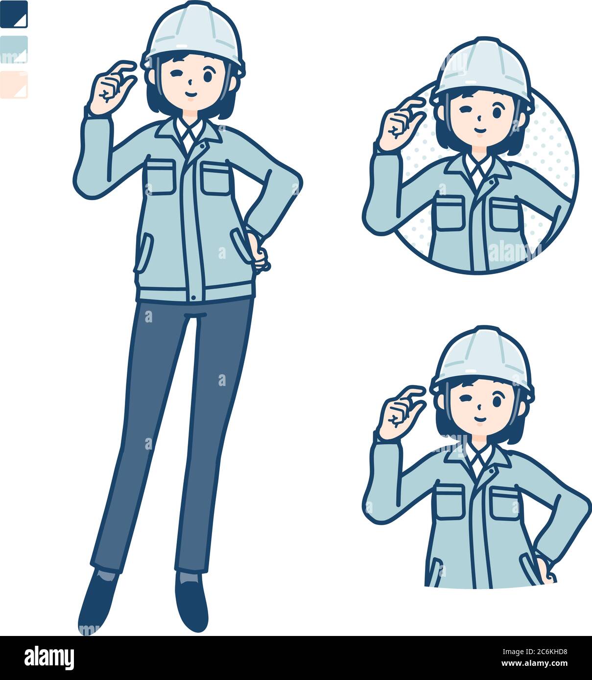 Una donna che indossa un abbigliamento da lavoro con solo un po' di immagini di segni. È arte vettoriale, quindi è facile da modificare. Illustrazione Vettoriale
