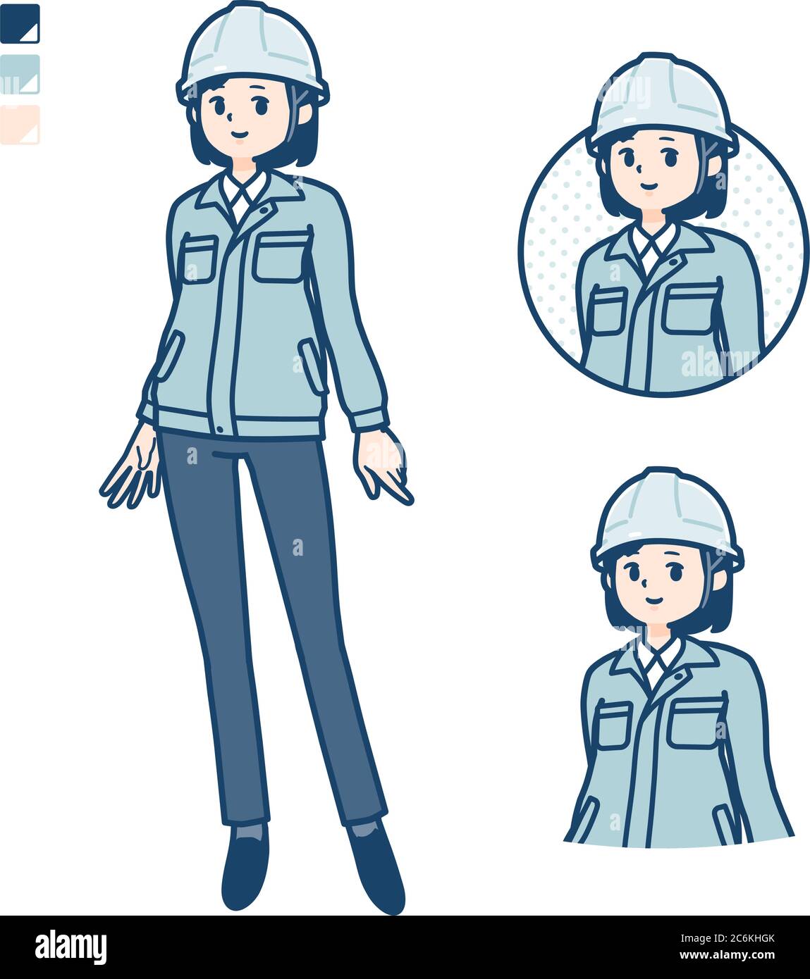 Una donna che indossa un abbigliamento da lavoro con immagini di posa rilassate. È arte vettoriale, quindi è facile da modificare. Illustrazione Vettoriale