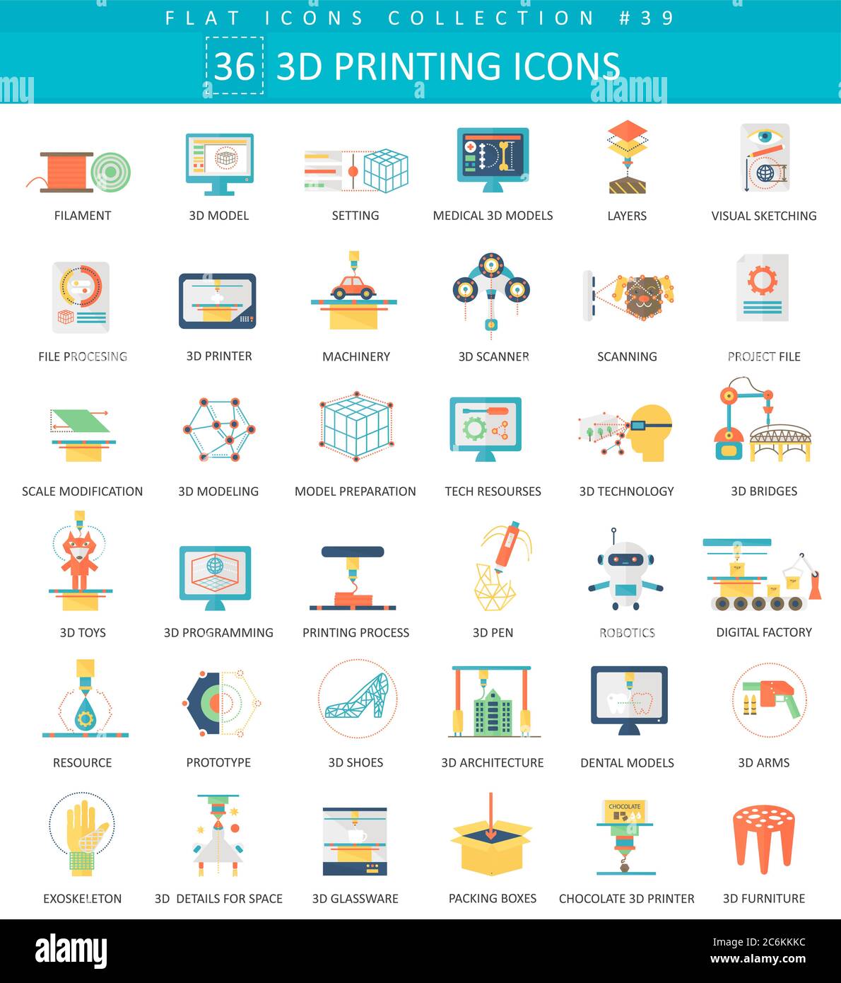 Set di icone piatte per la modellazione di stampa 3D vettoriale. Design elegante Illustrazione Vettoriale