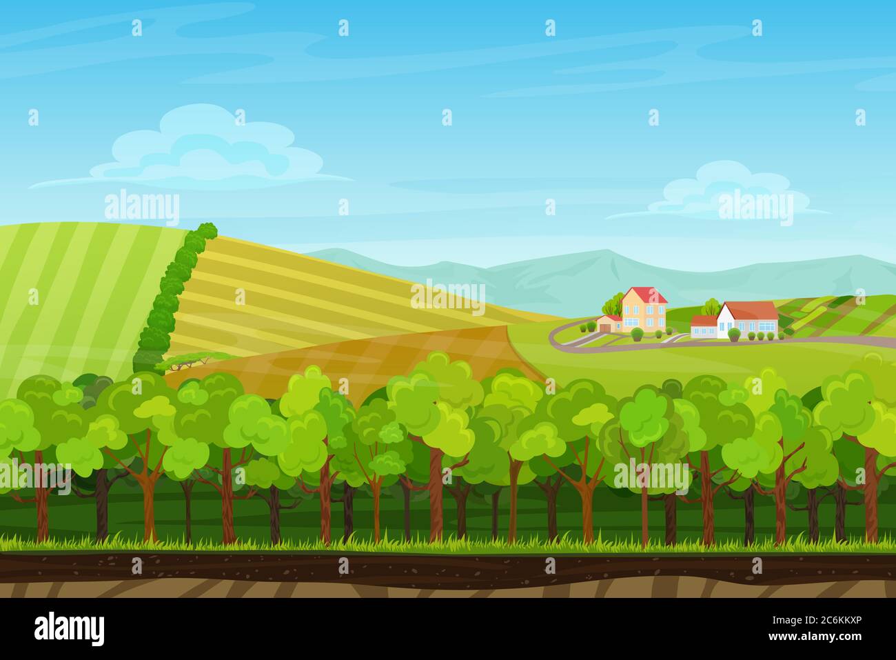 Paesaggio senza giunture cartoni animati con bosco, montagne e colline con  case di villaggio agricolo. Paesaggio per il gioco Immagine e Vettoriale -  Alamy