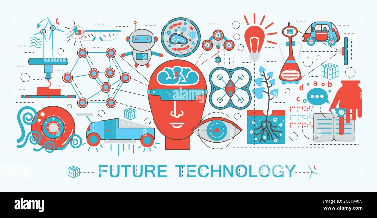 Modern Flat Thin Line design concetto di tecnologia scientifica futura per banner web sito web, presentazione, volantino e poster Illustrazione Vettoriale