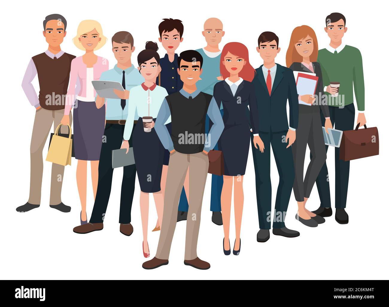 Gruppo di uomini e donne. Team creativo aziendale con leader. Personale dell'ufficio aziendale. Struttura di comunicazione aziendale Illustrazione Vettoriale