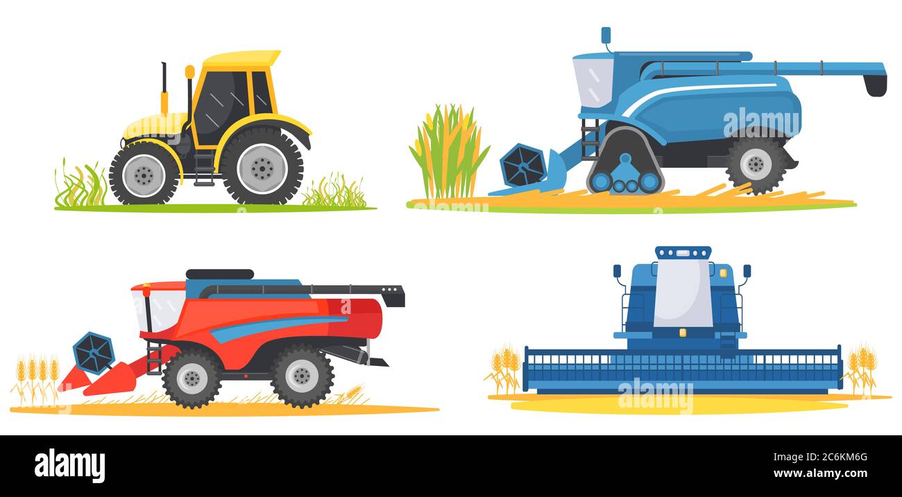 Set macchine agricole e veicoli agricoli. Macchina agricola, mietitrebbia e trattore Illustrazione Vettoriale