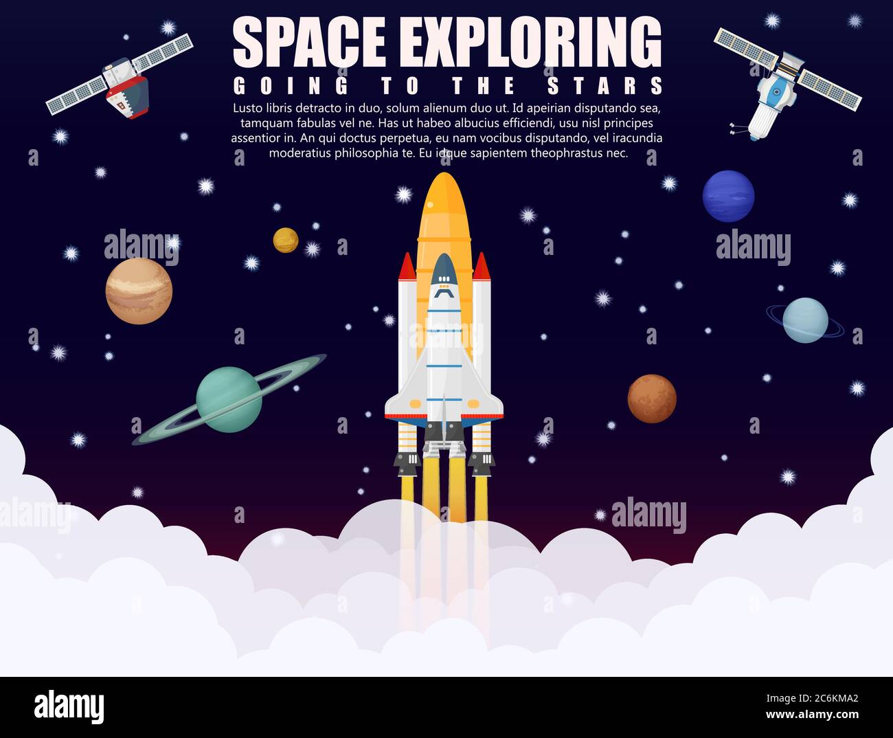 Lancio razzo nave spaziale esplorazione e ricerca con il concetto realistico di satellite e pianeti. Avvio aziendale. Illustrazione vettoriale Illustrazione Vettoriale