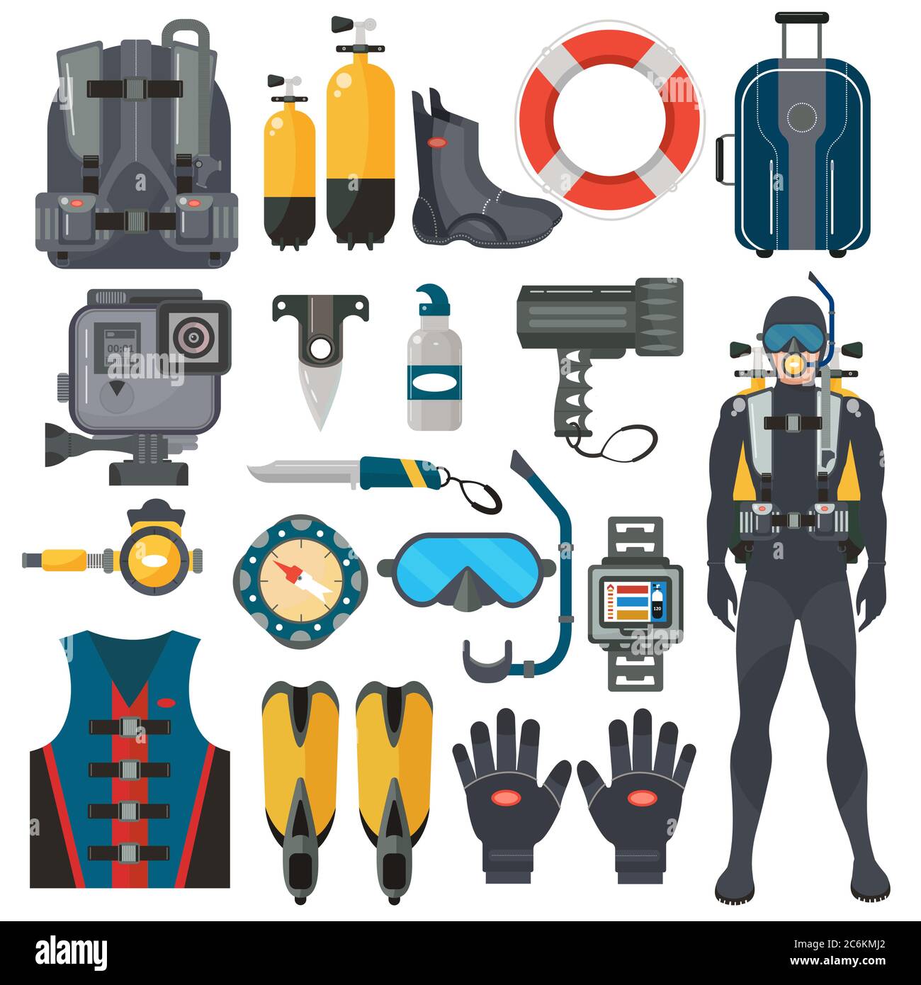 Collezione accessori per immersioni subacquee. Uomo subacqueo in muta subacquea. Caccia subacquea e sport di nuoto Illustrazione Vettoriale