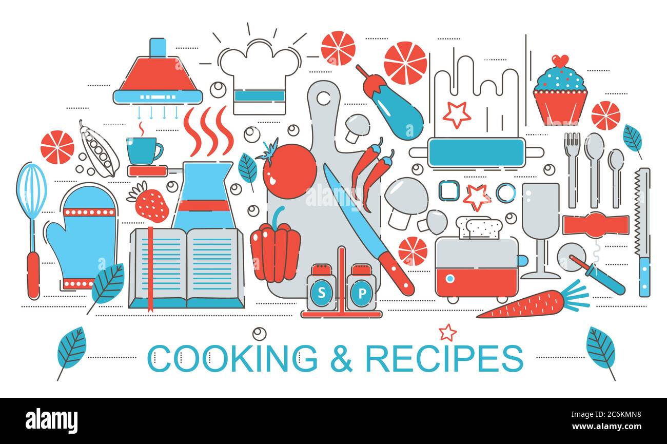 Cucina moderna Flat Thin Line design cucina e ricette concetto per banner web sito web, presentazione, volantino e poster Illustrazione Vettoriale