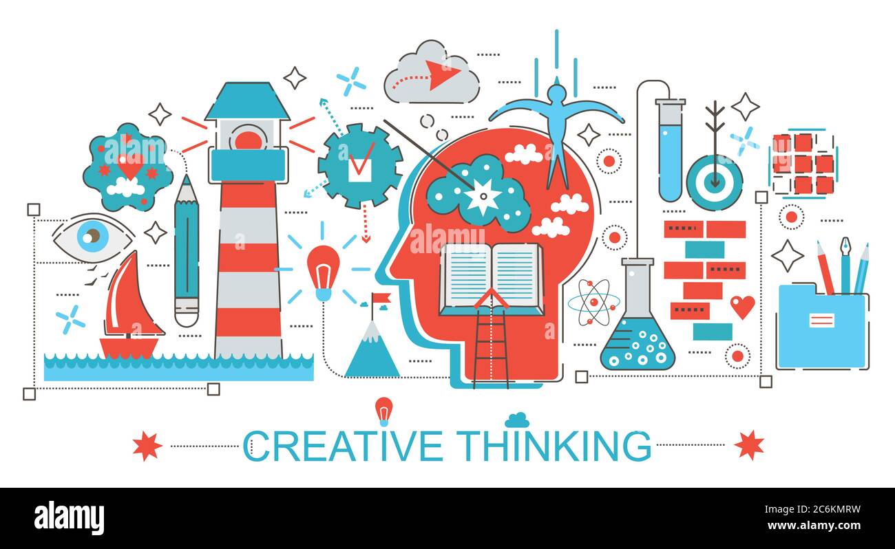 Design moderno piatto sottile concetto di pensiero creativo e di brainstorming per web banner sito web, presentazione, volantino e poster Illustrazione Vettoriale Design moderno piatto sottile concetto di pensiero creativo e di brainstorming per web banner sito web, presentazione, volantino e poster Illustrazione Vettoriale