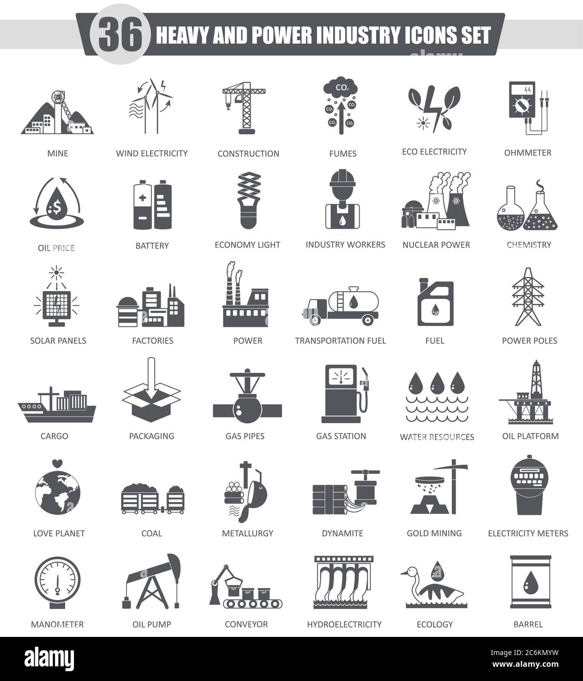 Set di icone nere per il settore pesante e energetico vettoriale. Design classico grigio scuro per il web Illustrazione Vettoriale