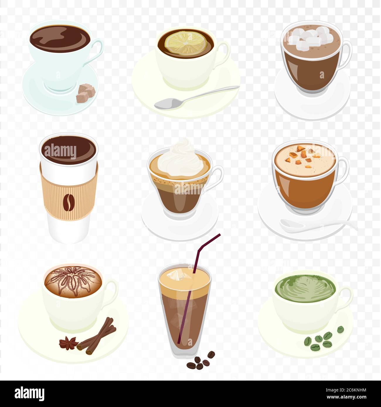 Set di diverse tazze Vector Coffee e molti tipi di caffè per caffè ristorante caffè menu isolato su sfondo alfa transpetant Illustrazione Vettoriale