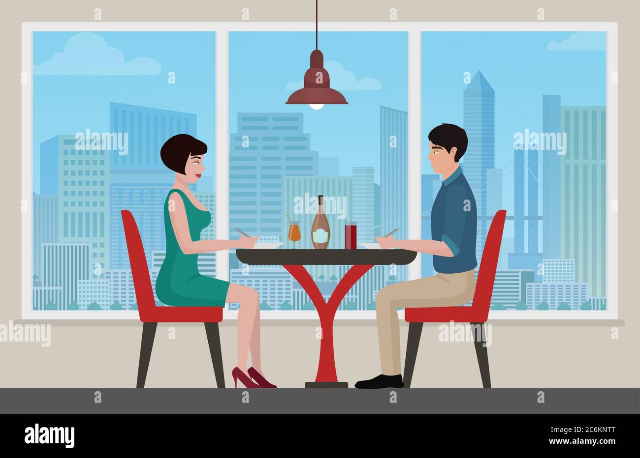Felice riunione di giovane coppia e con il lanch al caffè interno ristorante. Illustrazione di cartoni animati vettoriali Illustrazione Vettoriale
