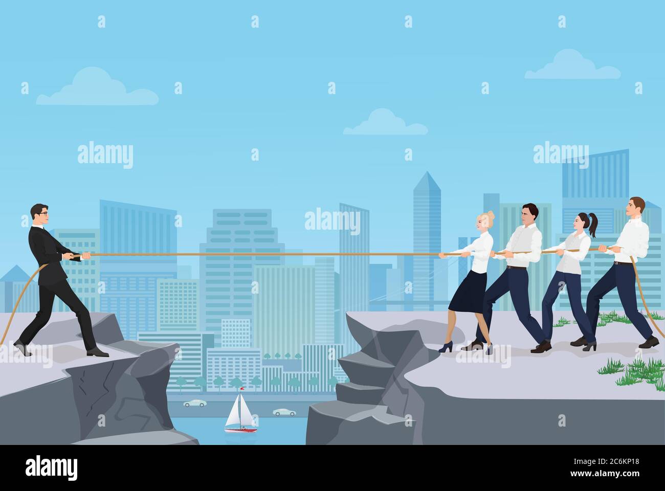 Potente uomo d'affari forte in competizione con gruppo di uomini d'affari ufficio gente squadra che gioca Tug di guerra battaglia tra le rocce sullo sfondo della città Illustrazione Vettoriale