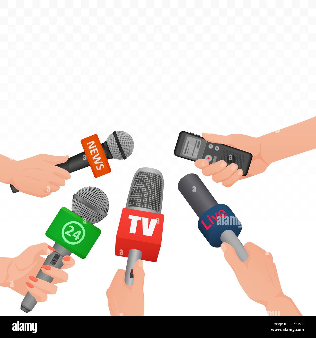Intervista di notizie microfoni e registratore vocale nelle mani di  giornalisti conferenza stampa giornalista. Poster del modello di banner di  notizie importanti Immagine e Vettoriale - Alamy