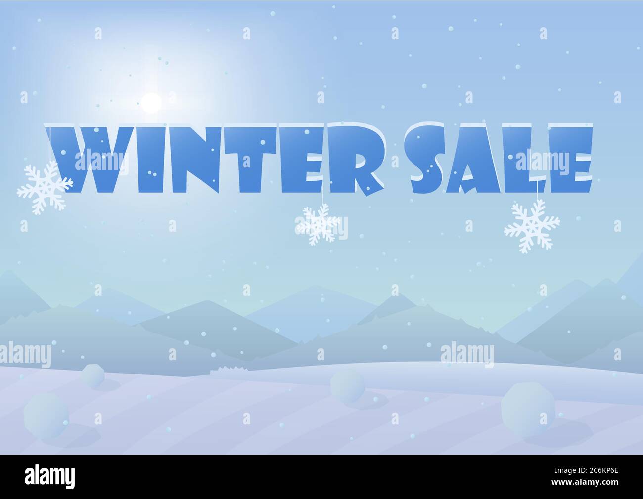 Parole di vendita inverno sul bellissimo sfondo del paesaggio invernale di Christmas. Illustrazione Vettoriale