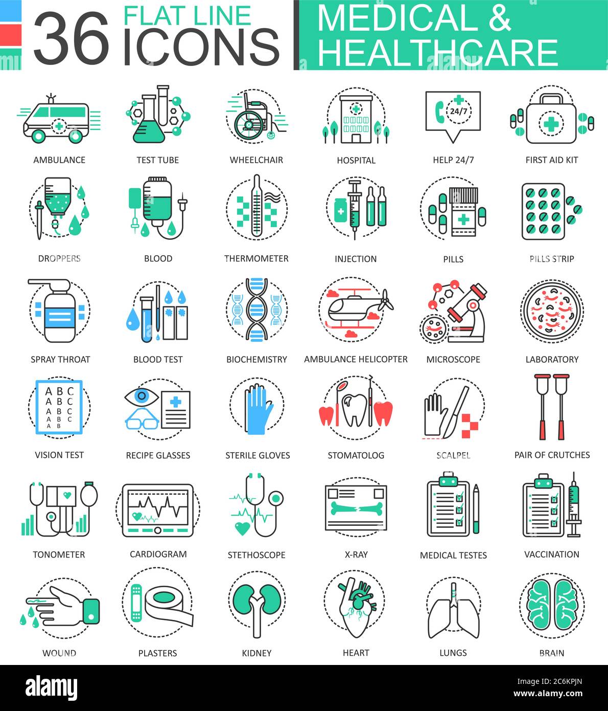 Vector medicina medica medicina sanitaria moderna colore linee piatte icone per applicazioni e web design Illustrazione Vettoriale