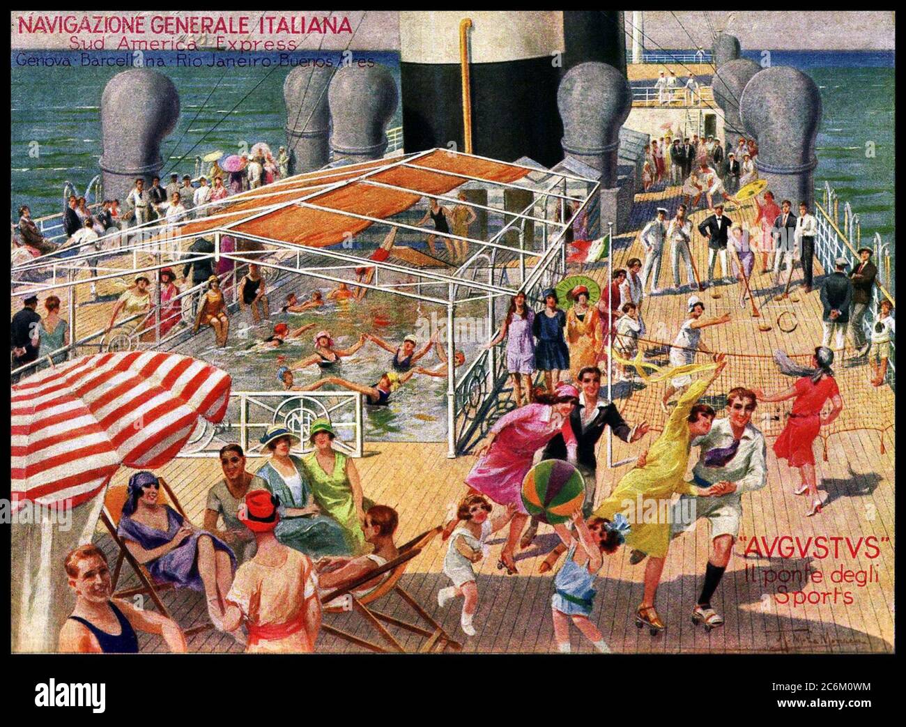 1927 , ITALIA : la nave transatlantica italiana AUGUSTUS , diretta in Sud America da Genova (Italia). Fu un transatlantico italiano costruito nel 1926 da NAVIGAZIONE GENERALE ITALIANA (Rubattino e Florio). Pubblicità di un pittore illustratore inentificato con IL PONTE DEGLI SPORTS. L'Augusto fu la prima nave al mondo ad avere un lido con una piscina all'aperto. L'Augusto era all'epoca la più grande motonave passeggeri del mondo , dotata di propulsione diesel con quattro motori che permettono alla nave di raggiungere la velocità di 19-20 nodi marini . - FOTO STORICHE Foto Stock