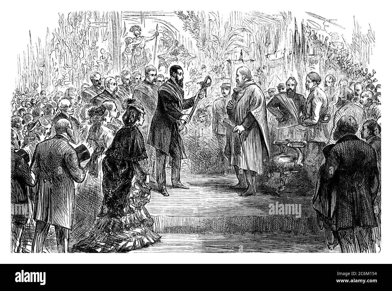 1864 , aprile, GRAN BRETAGNA : l'eroe militare italiano GIUSEPPE GARIBALDI ( 1807 - 1882 ) nell'aprile 1864 visita in Gran Bretagna , ospite del Duca di Sutherland e del Mister Seely. A Londra, al Crystal Palace , ricevete la presentazione di una spada . Garibaldi è stato accolto con una grande folla di persone , specialmente da numerosi lavoratori italiani e patrioti esiliati . Incisione pubblicata dalla rivista inglese illustrata non identificata . - POLITICO - POLITICA - POLITICA - Unità d'Italia - RISORGIMENTO - ITALIA - FOTO STORICHE - STORIA - barba - barba - incisione - incisione - incisione - illustrazione - illu Foto Stock