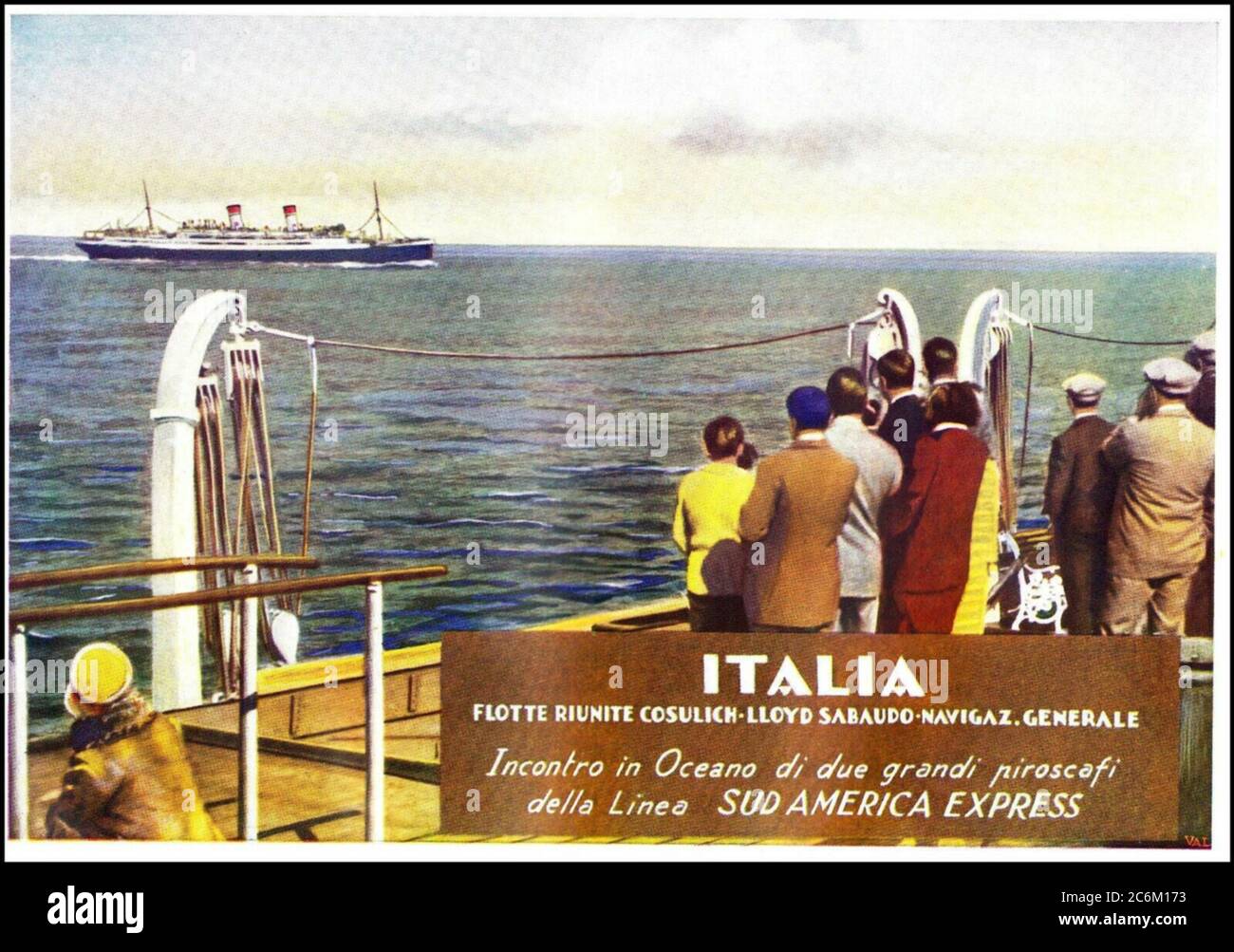 1932 , ITALIA: SUD AMERICA EXPRESS . La linea transatlantica italiana Transatlantic ITALIA , la LINEA DI MARE UNITA COSULICH - LLOYD SABAUDO - NAVIGAZIONE generale . In questa pubblicità il CONTE bianco ( 1925 ) attraversò nell'Oceano Atlantico un'altra marina come CONTE ROSSO o CONTE VERDE . Nel 1932, Lloyd Sabaudo e navigazione Generale Italiana , la società creava' Italia flotte riunite' che, controllata dal governo, riuniscono sotto un'unica bandiera le tre principali compagnie navali italiane dell'epoca. Durante questo periodo vi erano linee passeggeri che collegavano Trieste con New York Foto Stock