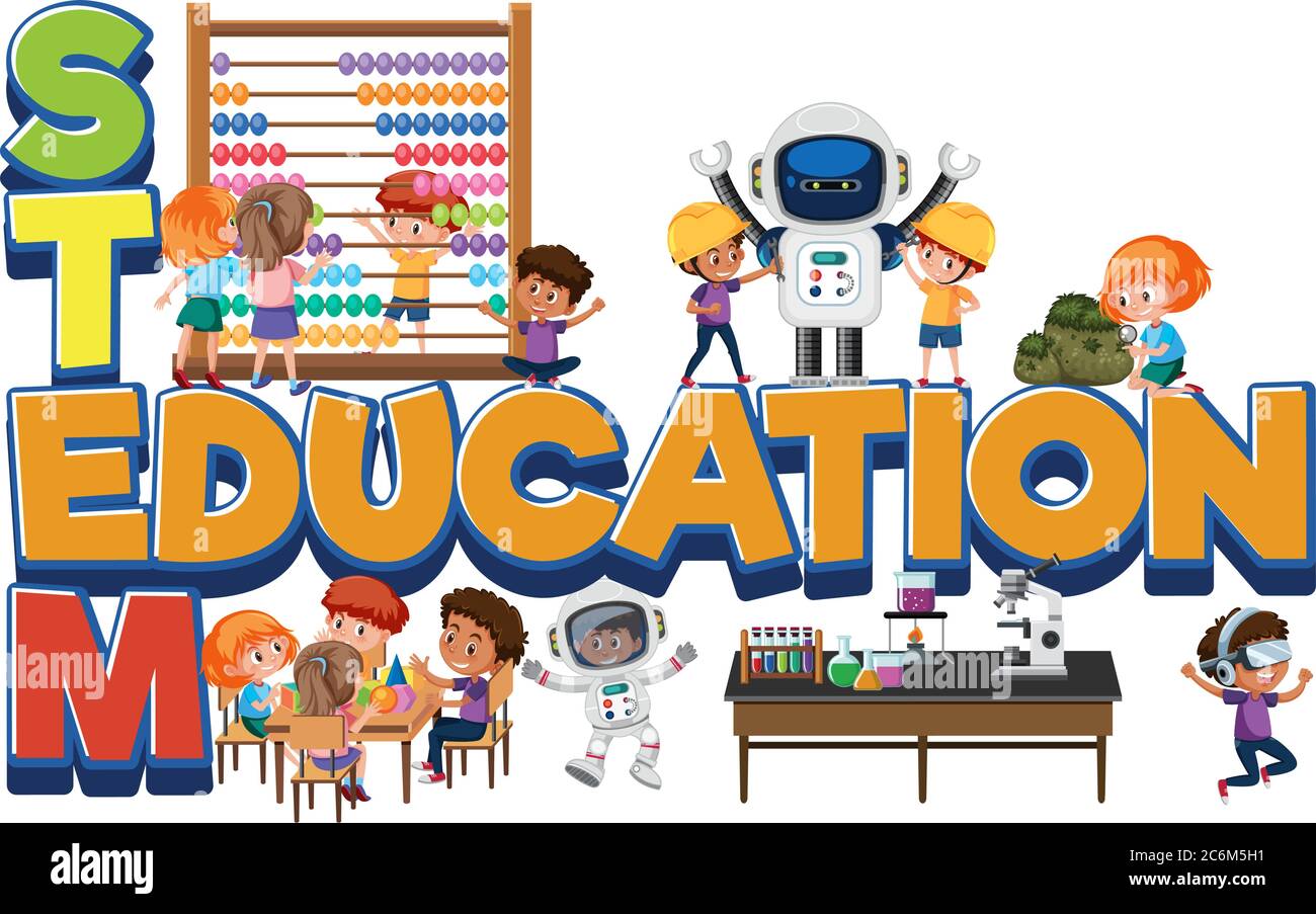Logo di istruzione STEM con i bambini in molte attività di istruzione illustrazione isolata Illustrazione Vettoriale