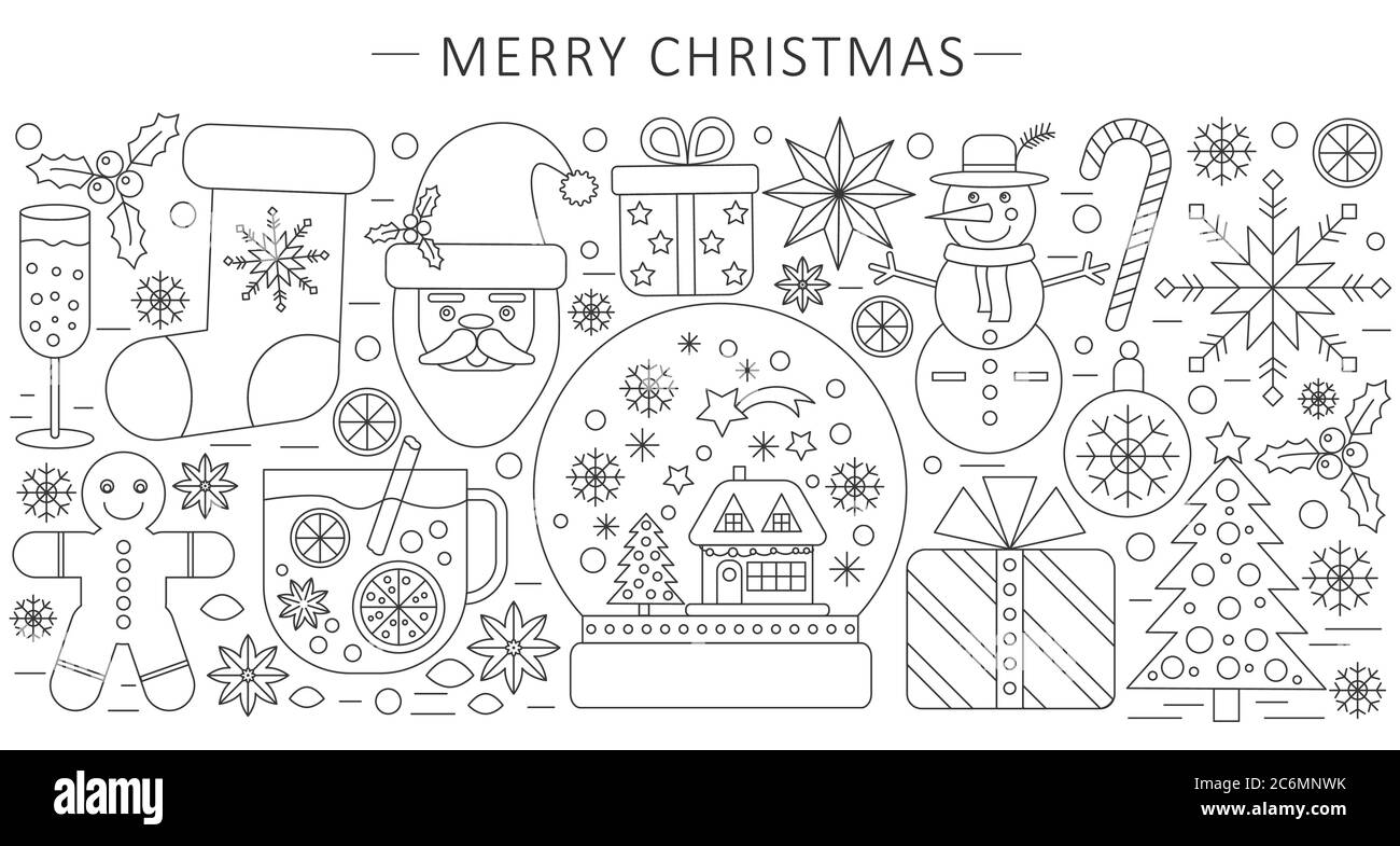 Vettore elegante linea sottile linea di contorno Natale e felice anno nuovo concetto. Layout degli elementi del banner dell'intestazione del sito Web. Presentazione, volantino e poster Illustrazione Vettoriale