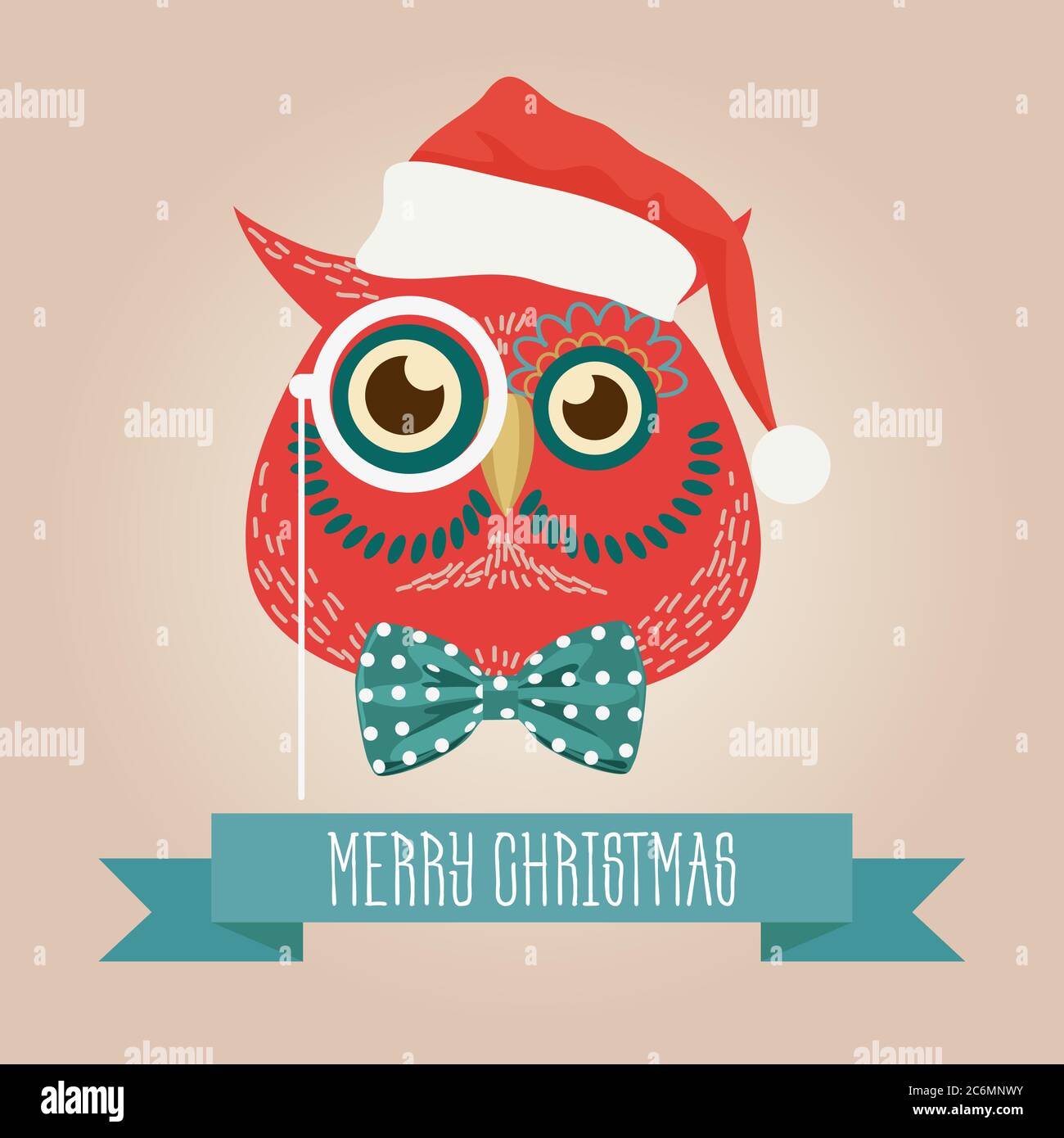 Natale carino foresta owl uccello testa logo. Vettore moderno animale di gufo alla moda in abiti Illustrazione Vettoriale