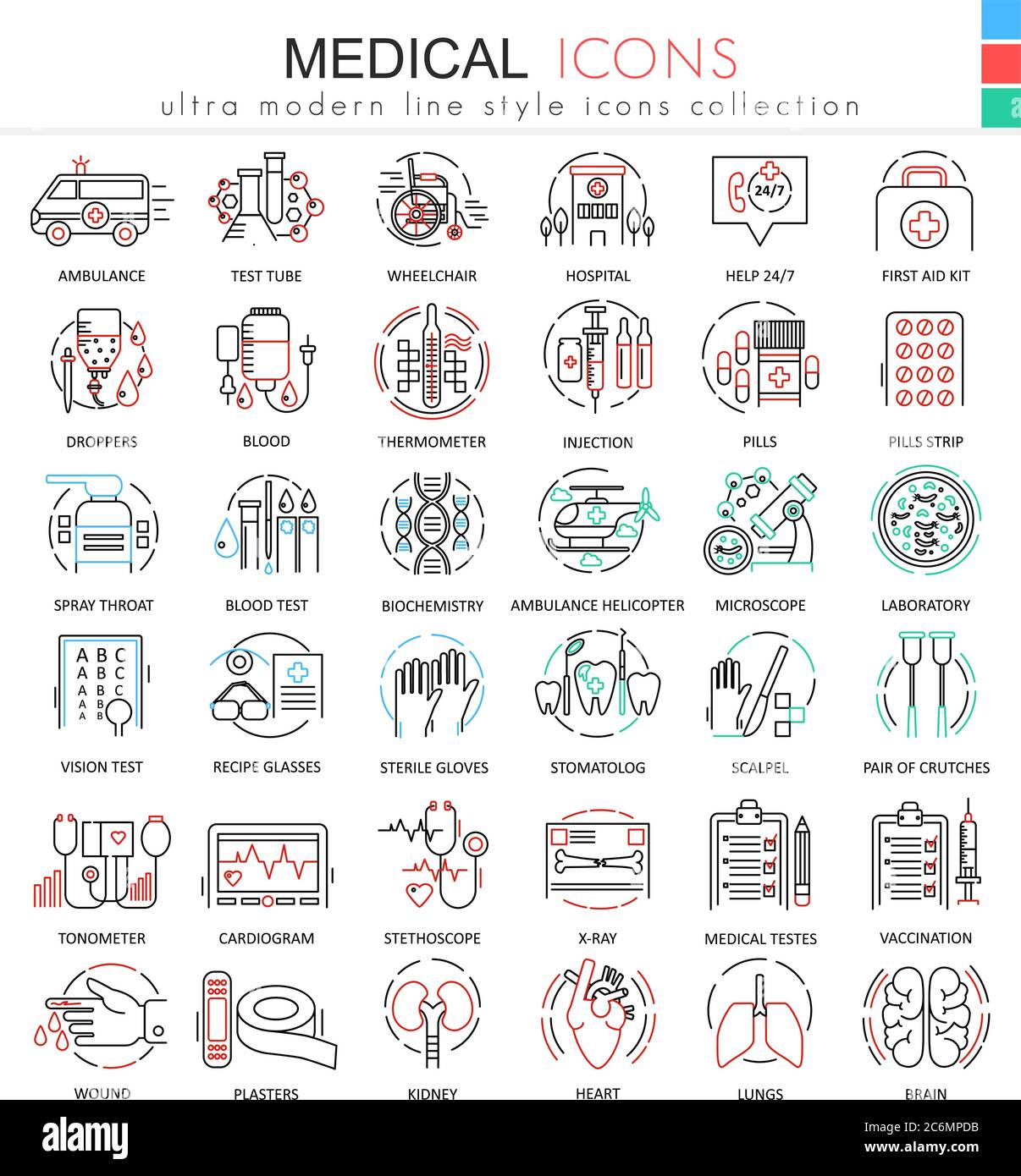 Vector Medical medicine colore linee piatte icone di contorno per applicazioni e web design. Icone di assistenza sanitaria medica Illustrazione Vettoriale
