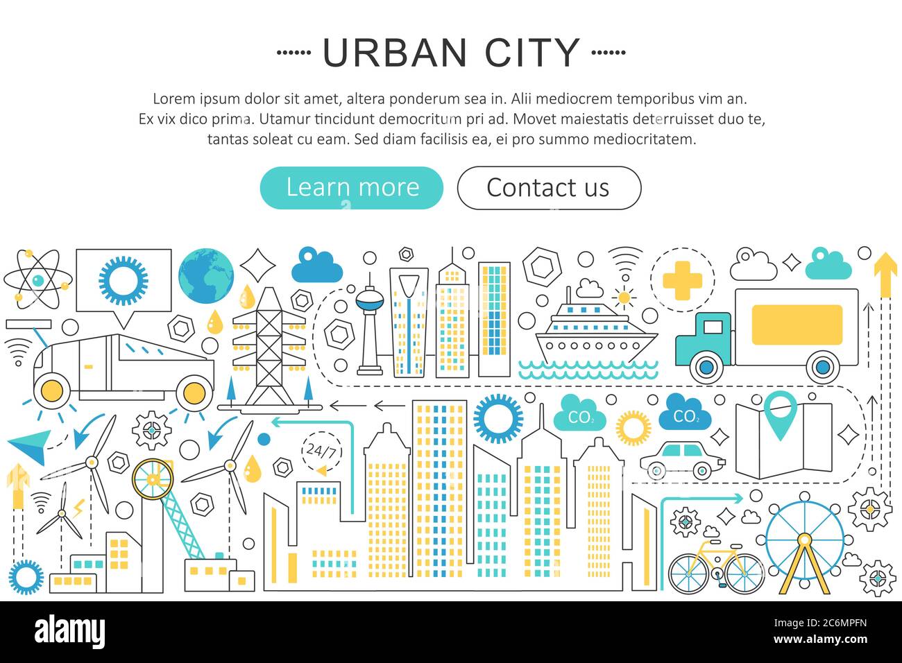 Vector linea moderna piano design Urban City Concept. Urban Modern Smart City LIFE Icons intestazione del sito Web, banner poster di design delle app Illustrazione Vettoriale