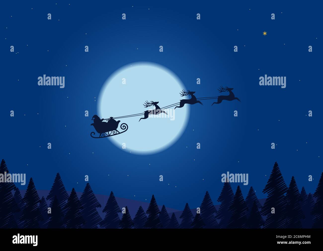 Santa che vola attraverso il cielo notturno sotto la foresta di natale. Santa slitta che guida su linea trainante boschi vicino grande luna di notte Illustrazione Vettoriale