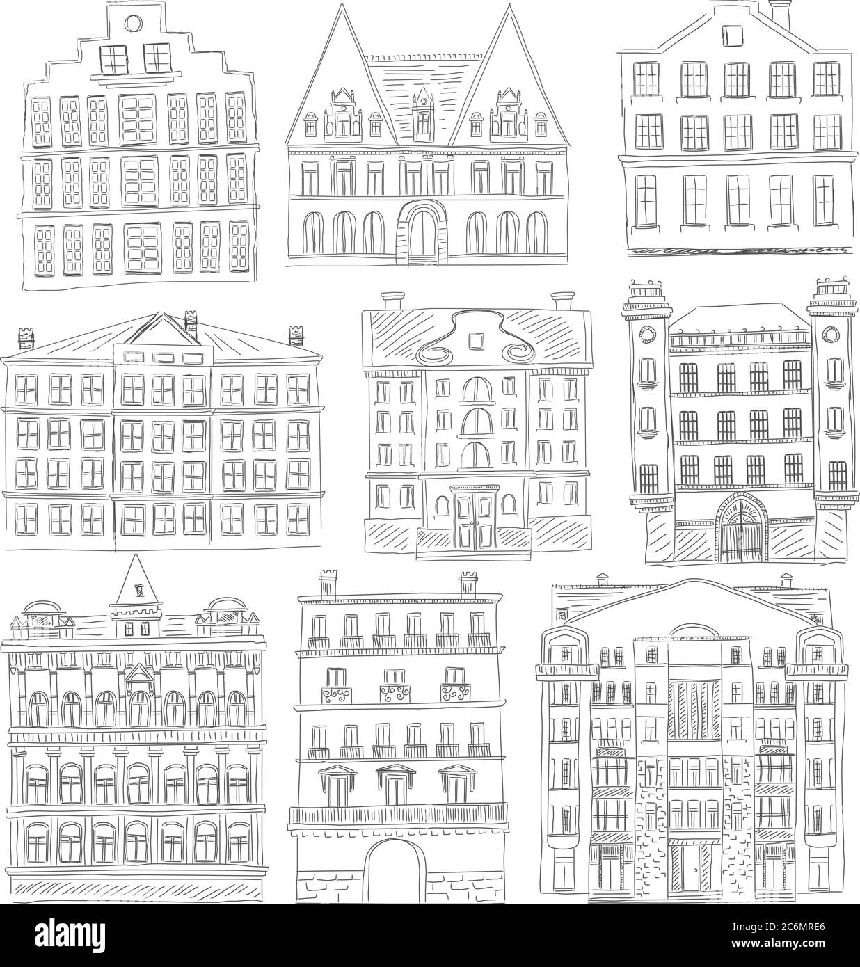 Edifici storici di vecchia linea stile. Profilo vecchio edificio della città isolato set. Schizzo di disegno architettonico manuale Illustrazione Vettoriale
