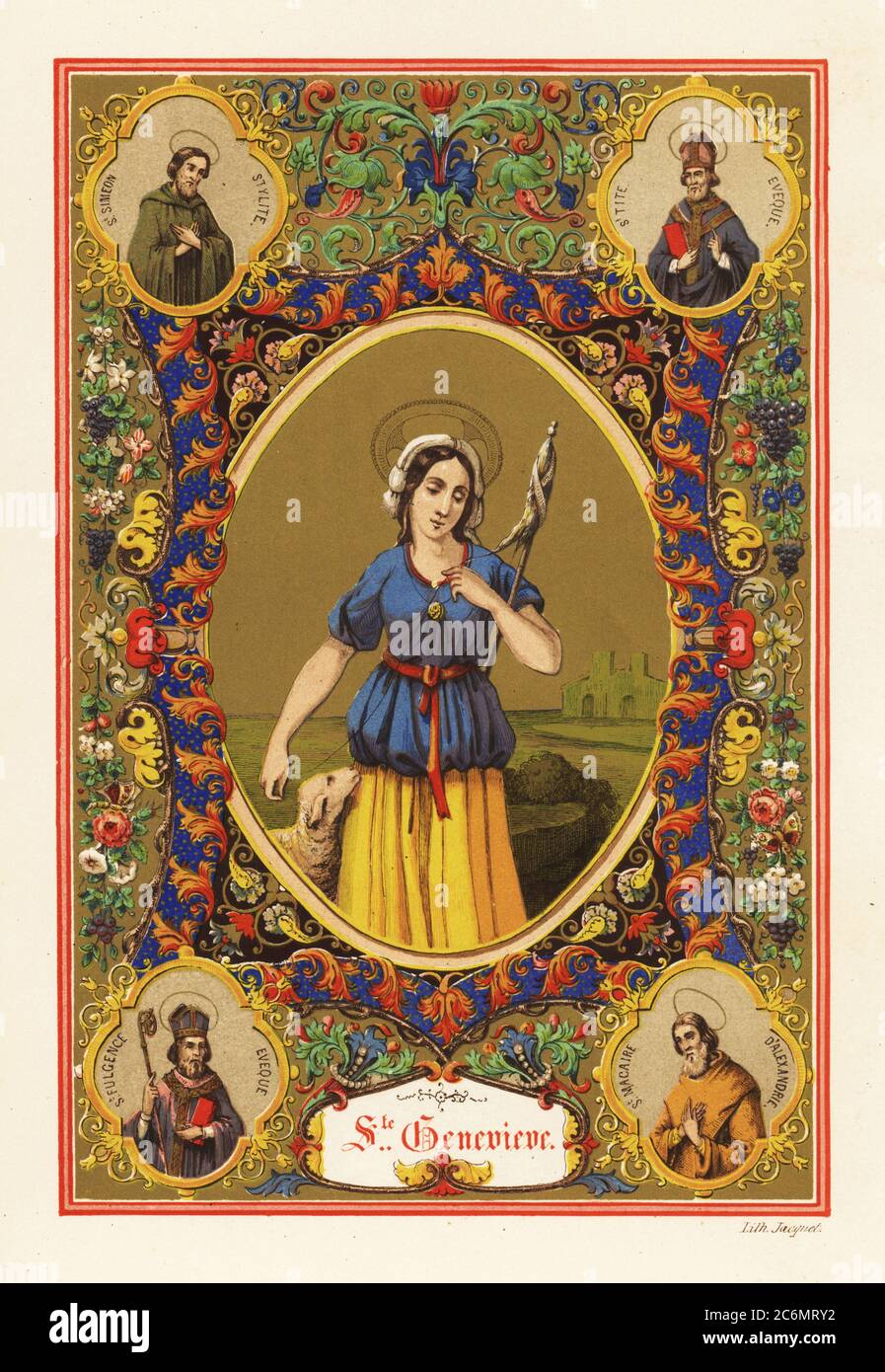 Ritratto di San Genevieve, patrono di Parigi, 422-521, con alone, tenendo una distaff e agnello entro bordo decorativo. Con vignette di San Simeone Stiliti, San Tito, Vescovo di Creta, San Macario di Alessandria, e San Fulgence, Vescovo di Etiopia. Chromolithograph di Jacquet di Legende Celeste, nouvelle histoire de la vie des Saints, Celestial Legend Lives of the Saints, Paul Mellier, Parigi, 1845. Foto Stock