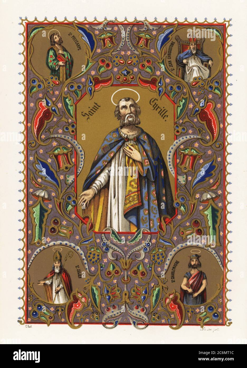 Ritratto di Cirillo di Alessandria, Patriarca di Alessandria, con alone e accappatoio, all'interno del bordo decorativo del fogliame. Vignette di martire San Polcarpo, San Giovanni Crisostomo, Arcivescovo di Costantinopoli, San Carlo Magno, Sacro Romano Imperatore, e San Giuliano di Toledo, Arcivescovo di Toledo, con il truffatore e il mitro. Chromolithograph di Jacquet dopo un'illustrazione di C. Bail da leggenda Celeste, nouvelle histoire de la vie des Saints, leggenda celeste, vite dei Santi, Paul Mellier, Parigi, 1845. Foto Stock