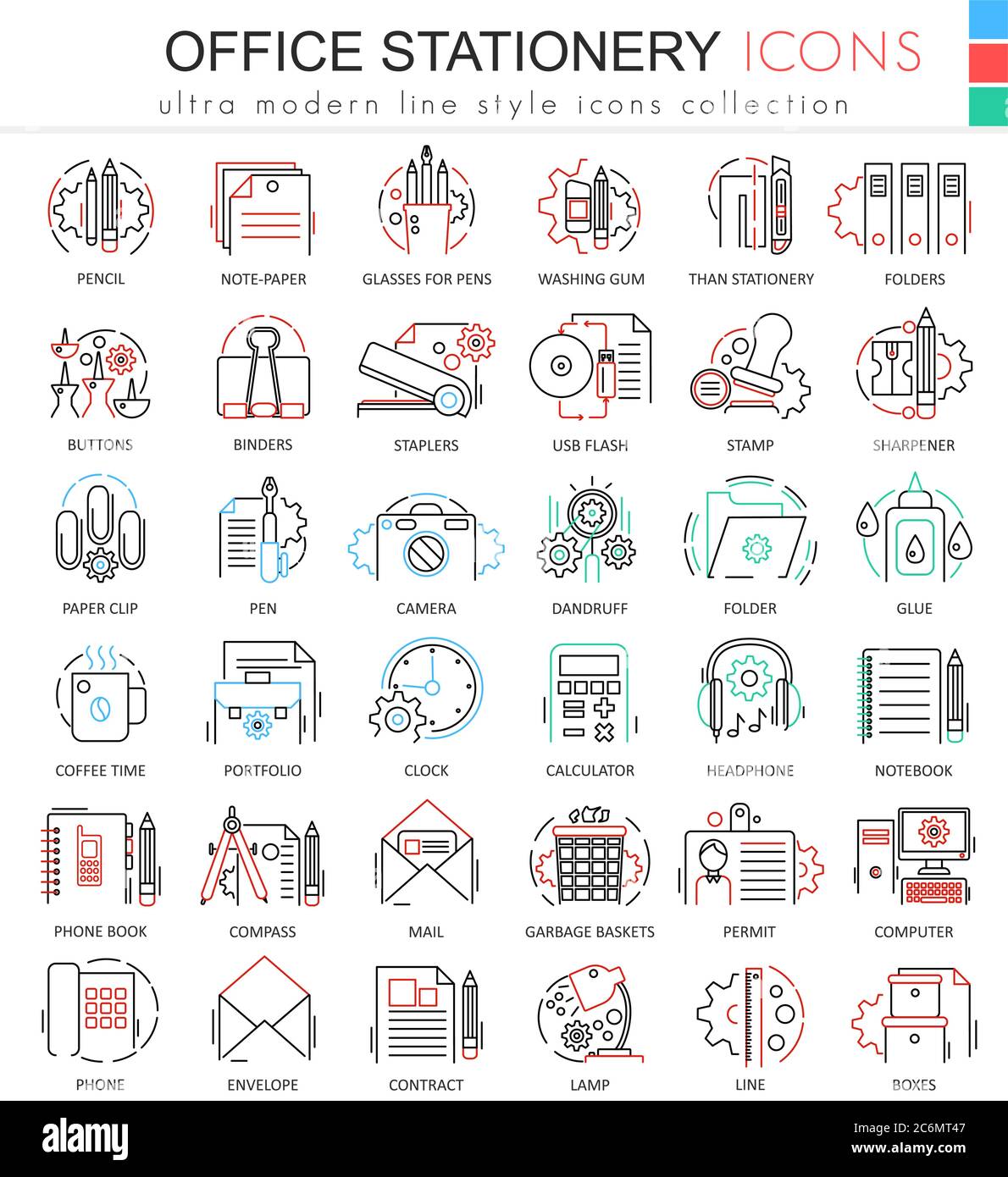 Vector Office cancellery line linea rossa linee di contorno icone per applicazioni e web design. Icone degli strumenti di Office Stationery Elements Illustrazione Vettoriale