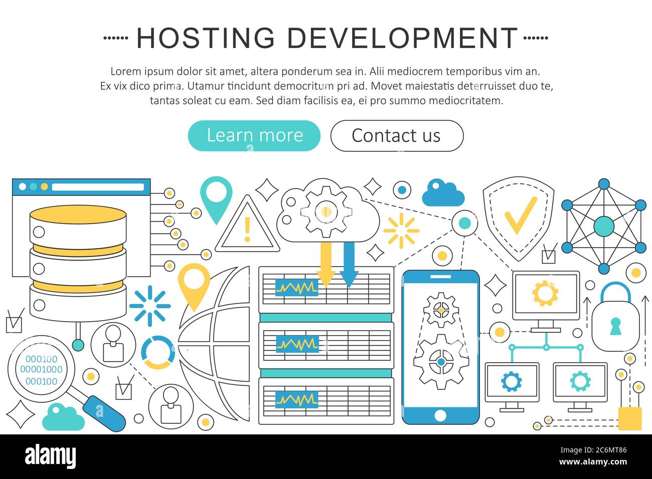 Vector linea moderna flat design concetto di sviluppo Hosting. Hosting icone di sviluppo intestazione sito Web, banner poster di progettazione app Illustrazione Vettoriale