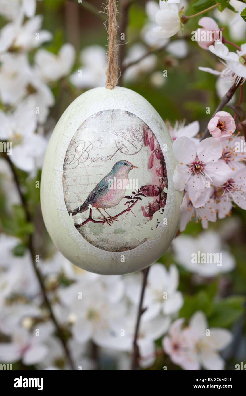 uovo di pasqua con ornamento di uccelli e rami di bloomong come decorazione di pasqua Foto Stock