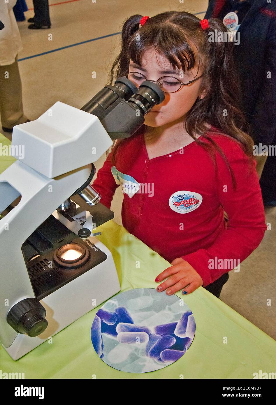 Nancy Teo Quintana un primo grado studente dalla sig.ra Lindsay Gormus della classe in Maryland Città scuola elementare di alloro, Maryland guarda attraverso un microscopio per visualizzare la listeria e la salmonella, due dei quattro più comuni batteri presenti nei prodotti alimentari. Gli altri due sono i batteri campylobacter ed e. coli. Il Reparto di Stati Uniti dell'Agricoltura, sicurezza alimentare servizio di ispezione ha tenuto una educazione alla sicurezza alimentare il camp in Maryland Città scuola elementare, gio, 5 maggio 2011. Foto Stock