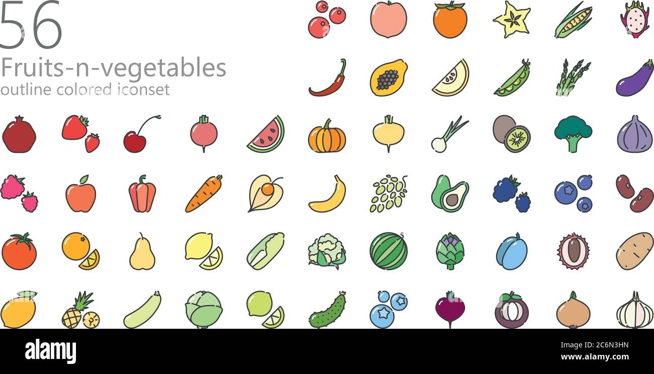 56 frutta e verdura colorati contorni icone per profilo Instagram, web, app mobile, presentazioni e altro Illustrazione Vettoriale