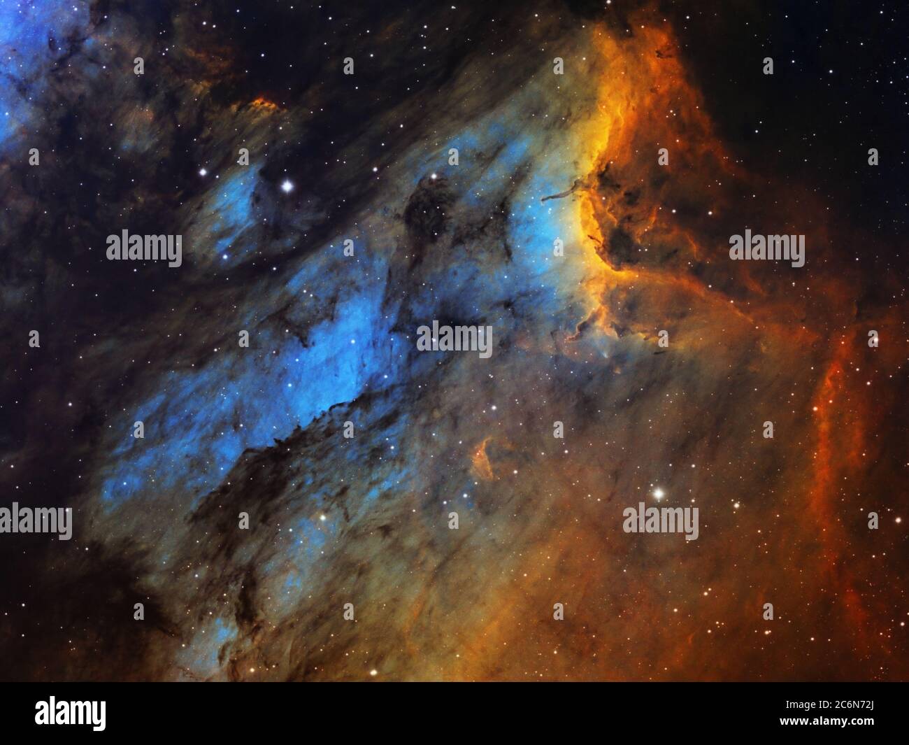 La Nebula Pelicana (IC 5070) è la grande nube di idrogeno, zolfo e ossigeno presente nella costellazione di Cignus. La luce delle giovani stelle energiche i Foto Stock