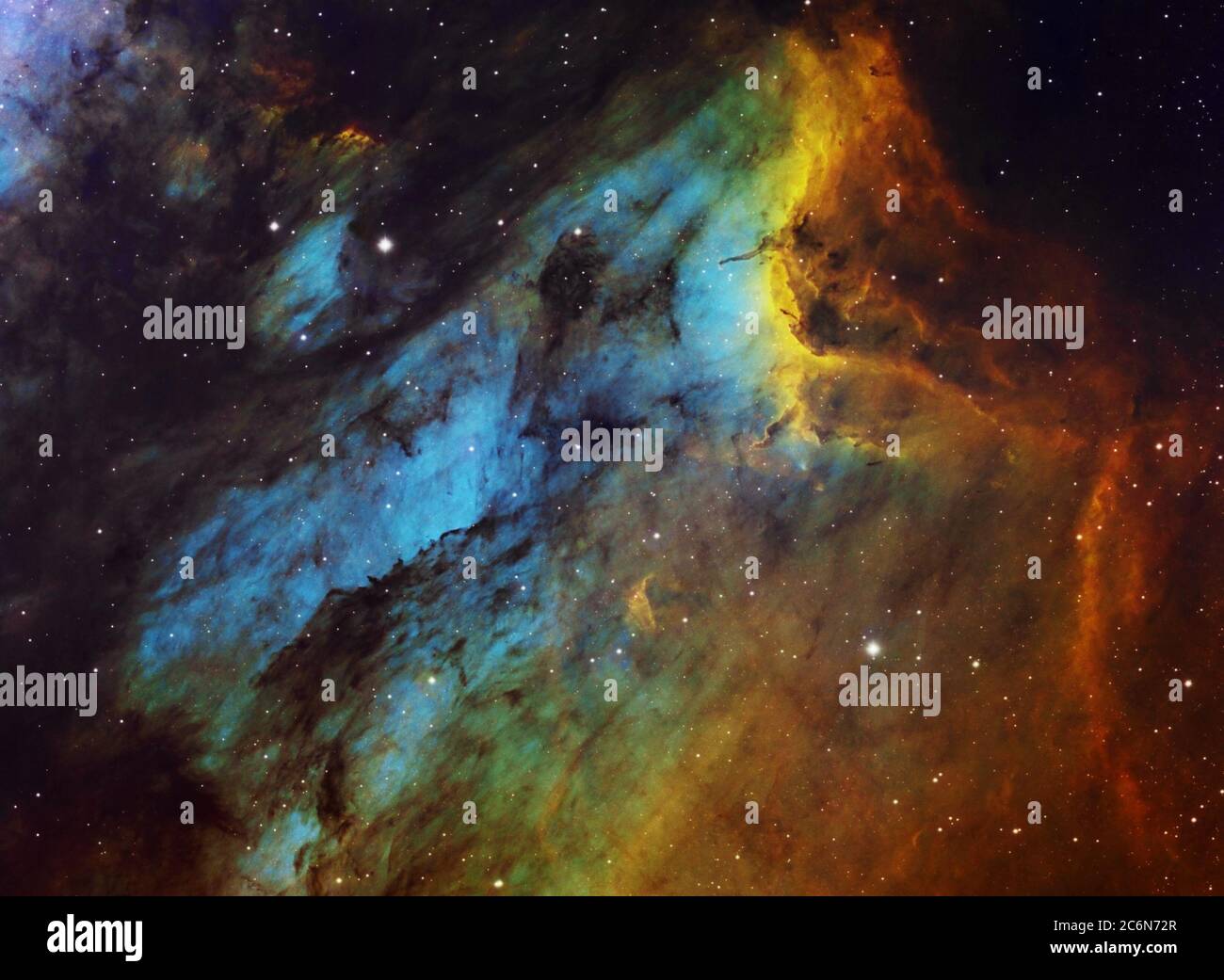 La Nebula Pelicana (IC 5070) è la grande nube di idrogeno, zolfo e ossigeno presente nella costellazione di Cignus. La luce delle giovani stelle energiche i Foto Stock