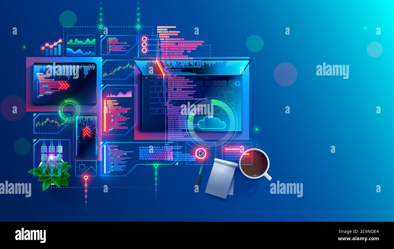 Concetto di programmazione, codifica software per computer. Tecnologia di sviluppo del programma. Imparare creare applicazioni web di dispositivi mobili. Code smartphone Illustrazione Vettoriale
