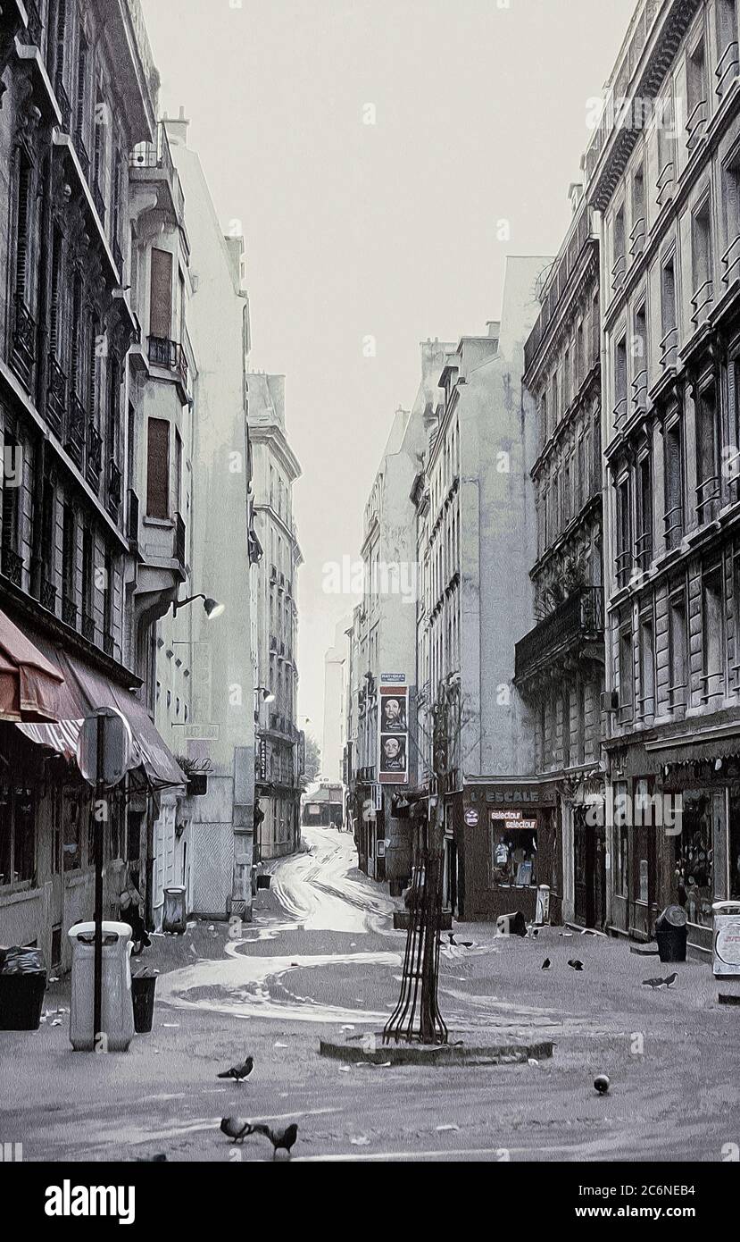 Foto illustrazione, mattina presto in Rue de la Huchette. I piccioni si nutrono di rifiuti delle ultime notti. Archiviazione acquisita dal vetrino; 1972 Foto Stock