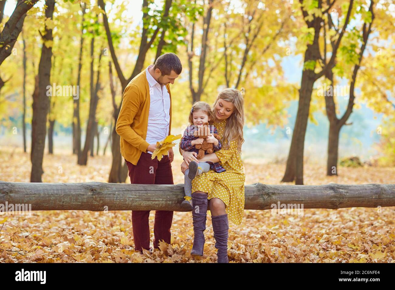 Seduta di famiglia con la figlia in un parco in autunno. Foto Stock